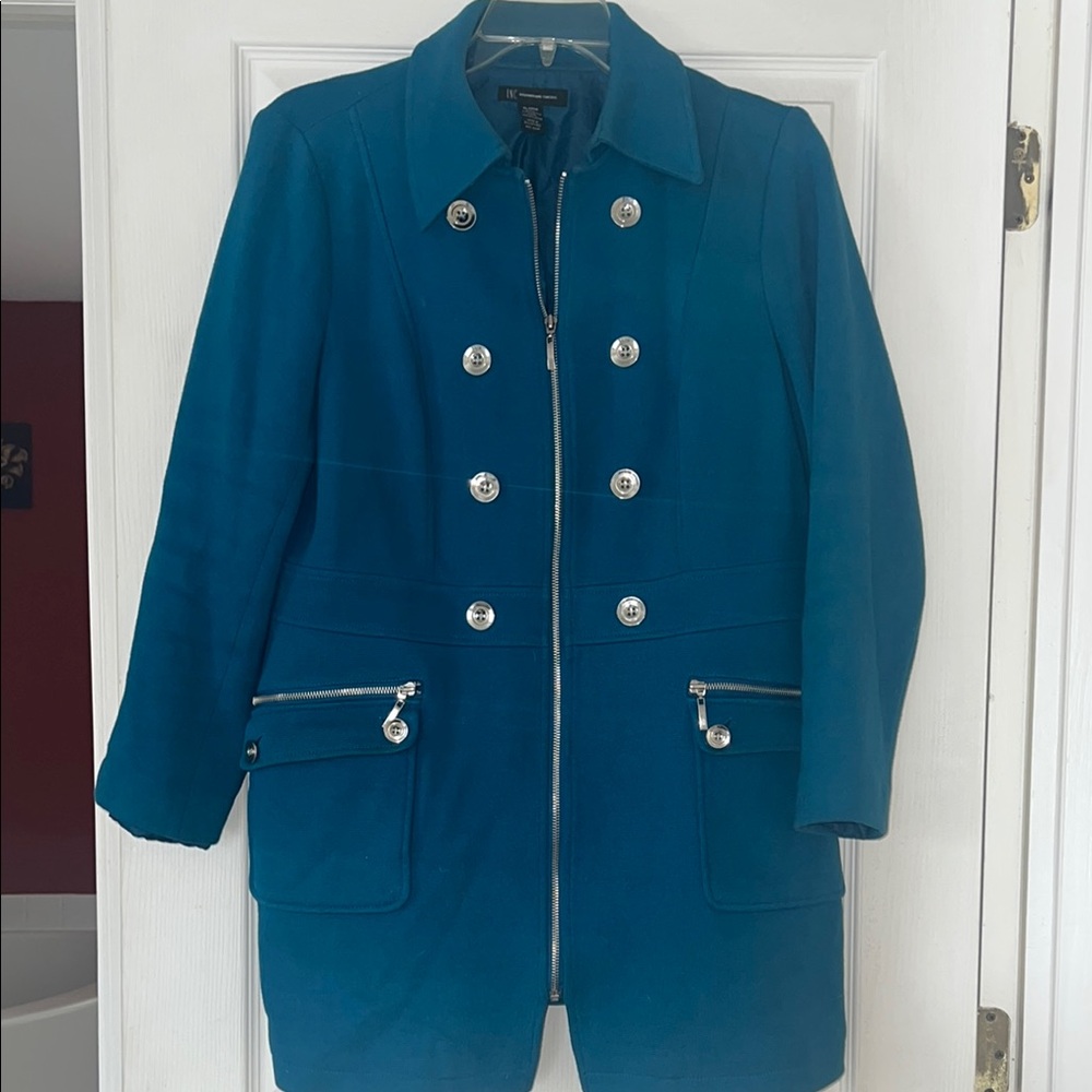 Teal Double-Breasted Coat with Silver Buttons